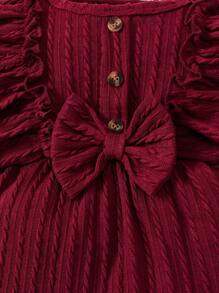 女嬰荷葉邊喇叭袖前蝴蝶結連身褲 - 酒紅色 - 查看 5