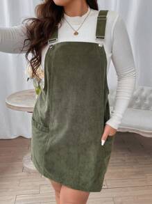 SHEIN CURVE+ Plus Patched Pocket Overall Dress Without Tee - Army Green - View 1