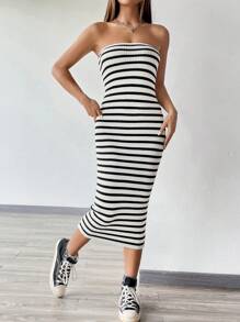 Flirla Váy len ống họa tiết sọc - Đen và trắng - Xem 4