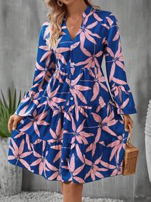 SHEIN VCAY Váy viền tay loe in họa tiết nhiệt đới - Màu xanh lam - Xem 4