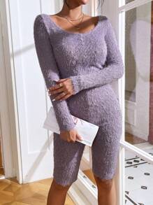 SHEIN Essnce Solid Scoop Neck Fuzzy Unitard Romper - Purple - View 2
