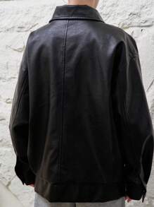 DAZY Flap Pocket Drop Shoulder PU Leather Jacket Winter - Black - View 5