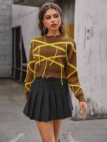 SHEIN Qutie 幾何圖案落肩毛衣 - 棕色 - 查看 3