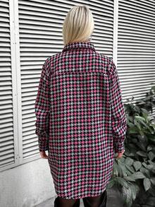 EURMUSE Houndstooth Print Flap Pocket Coat - Pink - View 2