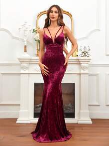 SHEIN Belle 深V領魚尾裙下擺伴娘洋裝 - 紅色 - 查看 3