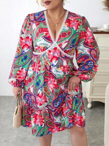 SHEIN LUNE Plus Paisley Print Guipure Lace Insert Lantern Sleeve Ruffle Hem Dress - Multicolor - View 1