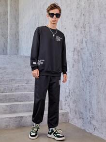 SHEIN Teen Boy Slogan Graphic Drop Shoulder Sweatshirt & Sweatpants - Black - View 5