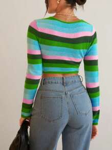 SHEIN Essnce 條紋圖案扭褶正面鏤空短款毛衣 - 彩色 - 查看 2