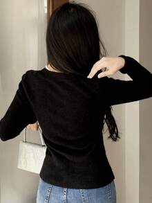 DAZY Cổ vuông Đồ đan Ribbed Áo len - màu đen - Xem 4