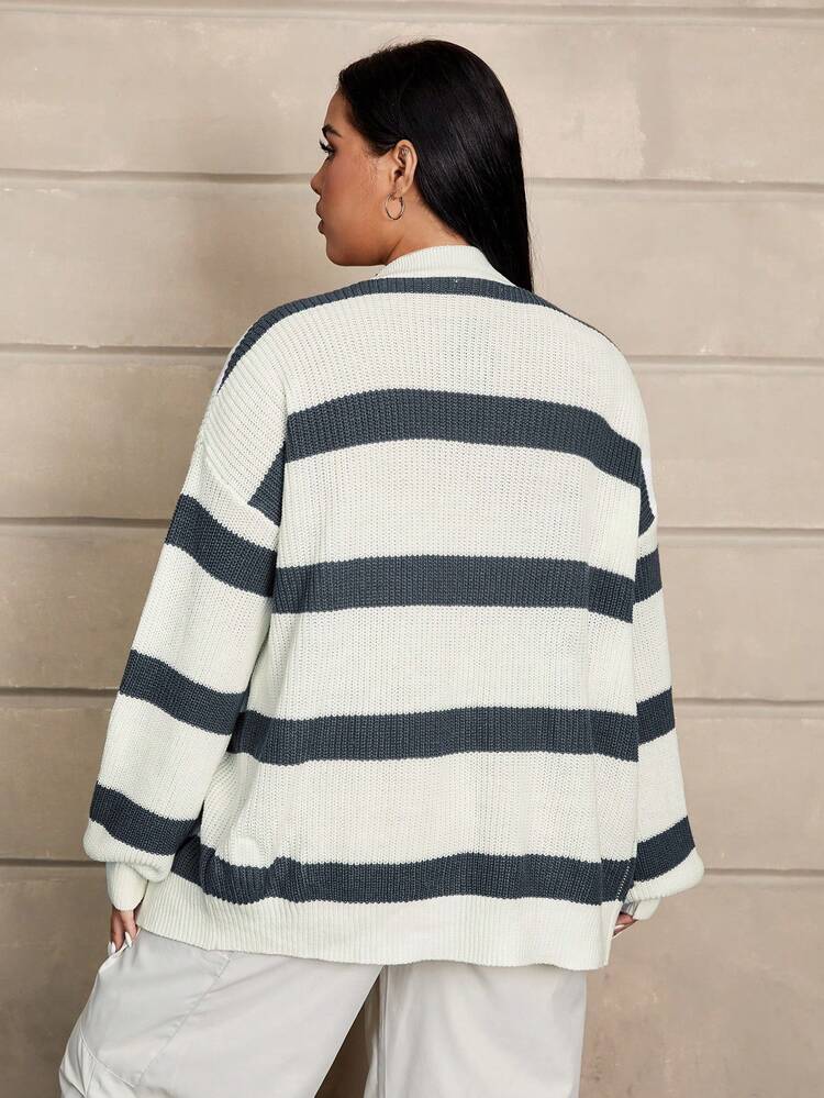 Plus Size Striped Pattern Drop Shoulder Cardigan