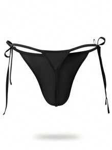 Men's Naughty Plain Black Knitted Fabric Thongs With Knot Details And Medium Stretch - Black - View 2