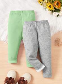 SHEIN 2件套女婴纯色休闲松紧腰裤 - 綠色 - 查看 1