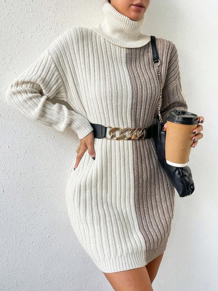 Chiquease Vestido de punto de dos tonos cuello alto de hombros caídos sin cinturón - Multicolor - Añade 3