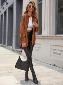 EMERY ROSE Drop Shoulder Pocket Patched Corduroy Coat - Brown - View 3