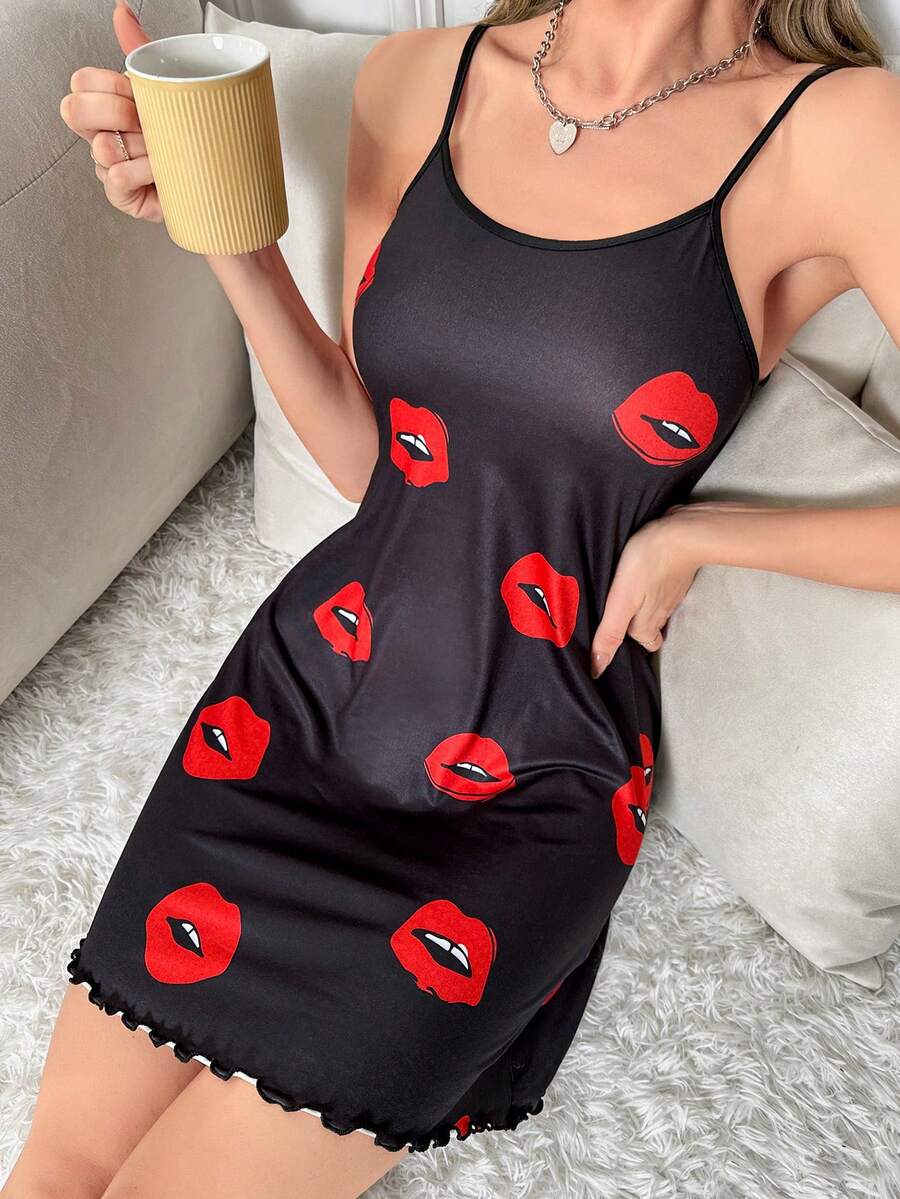 Dấu môi Ren Mộc nhĩ Váy ngủ hai dây - màu đen - Xem 1