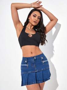 SHEIN EZwear 拉鏈細節百褶下擺迷你牛仔半身裙 - 中等水洗藍 - 查看 3