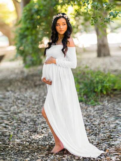 Maternity Off Shoulder Split Thigh Dress With Long Sleeve For Maternity Photoshoot Spring White