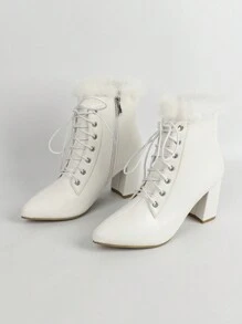 Giày bốt cao đến mắt cá chân có dây buộc lông thời trang ngoài trời dành cho nữ, có dây kéo bên hông, mũi nhọn - trắng - Xem 2
