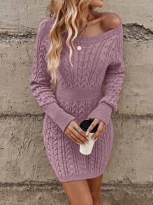 SHEIN LUNE Cable Knit Raglan Sleeve Sweater Dress Fall Winter Cloth For Women - Dusty Purple - View 5