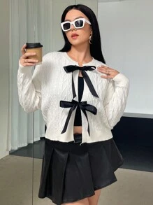 SHEIN Privé Plus Bow Front Drop Shoulder Cable Knit Cardigan In Fall/Winter - White - View 1