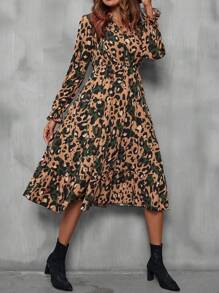 SHEIN LUNE Allover Print Lantern Sleeve Ruffle Hem Dress - Multicolor - View 6