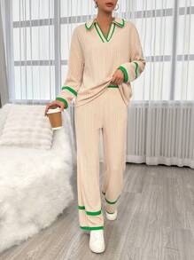 SHEIN Essnce Contrast Trim Drop Shoulder Sweatshirt & Pants - Multicolor - View 2