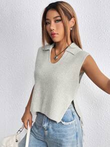 SHEIN Unity Solid Ribbed Knit Split Hem Sweater Vest - Grey - View 4