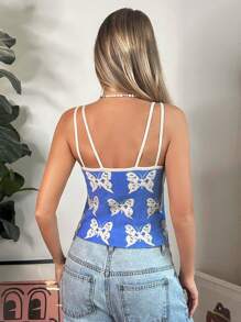 SHEIN EZwear Butterfly Pattern Cami Knit Top - Blue - View 2