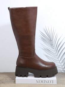 SHUZIA Minimalist Side Zipper Chunky Boots - Brown - View 3