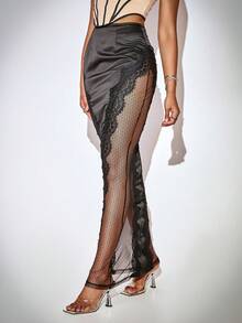 撞色蕾絲開衩大腿裙 - 黑色 - 查看 5