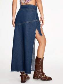 SHEINNeu 毛邊緣不對稱下擺牛仔半身裙 - 藍色 - 查看 2