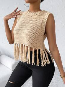 SHEIN Essnce Fringe Trim Crop Sweater Vest - Khaki - View 4