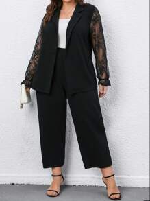SHEIN CURVE+ 大碼蕾絲拼接西裝外套和褲子 - 黑色 - 查看 4