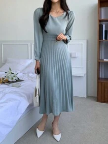 DAZY Chất rắn Viền xếp Váy chữ A - Màu xanh lam - Xem 3