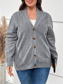 EMERY ROSE 大碼絞花針織鈕扣前開衫 - 灰色 - 查看 4