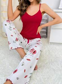 CottageSlumber Cami Top And Bow Front Floral Sleep Pants PJ Set / Pajama Set Bow Tie - Burgundy - View 3