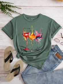 INAWLY Plus Wineglass Print Tee - Dark Green - View 1