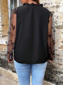 SHEIN Clasi Plus Contrast Mesh Flare Sleeve Tie Neck Blouse - Black - View 2