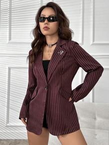 SHEIN Privé Striped Print Lapel Neck Blazer - Coffee Brown - View 5