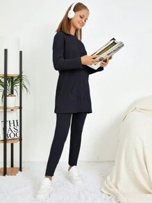 RueChic Teen Girls Solid Split Hem Tee & Leggings - Dark Grey - View 3