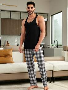 Men Solid Tank Top & Plaid Print Pants PJ Set - Multicolor - View 3