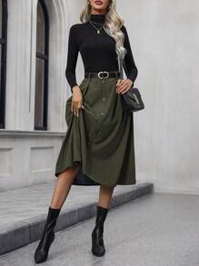 EMERY ROSE 女士无腰带纽扣前开襟喇叭裙，秋季必备 - 軍綠色 - 查看 5