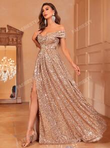 Faeriesty Off Shoulder Split Thigh Sequin Formal Dress Elegant Prom Evening Wedding Guest Gown, For Graduation, Dinner Party Dress