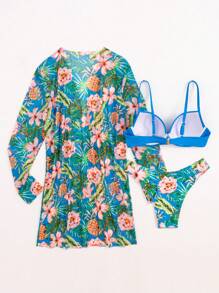 SHEIN Tropical Print Push Up Bikini Set With Kimono - Multicolor - View 3