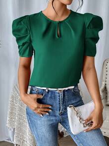 SHEIN Privé Blusa de cuello con abertura de ojo de manga farol - Verde Oscuro - Ver 3