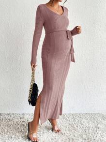 SHEIN 孕婦開衩大腿束帶洋裝 - 粉色 - 查看 1