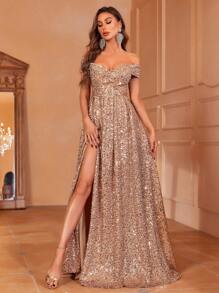 Faeriesty Off Shoulder Slit Sequin Buckle Belted Dress - Champagne - View 3