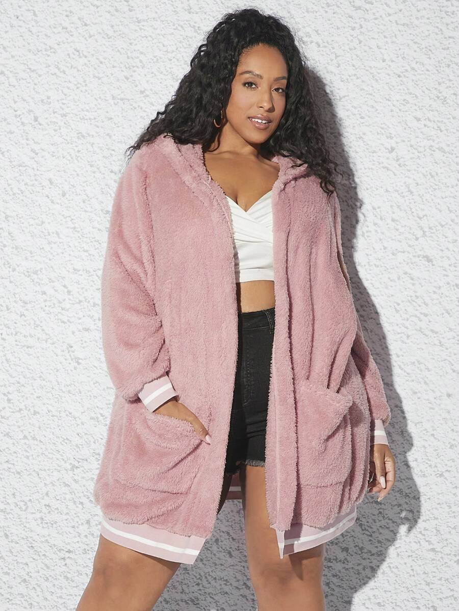 SHEIN CURVE+ 大碼條紋飾邊雙口袋落肩袖連帽毛絨夾克 - 藕粉色 - 查看 1