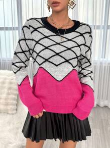 SHEIN Privé Argyle Pattern Colorblock Drop Shoulder Sweater - Multicolor - View 1