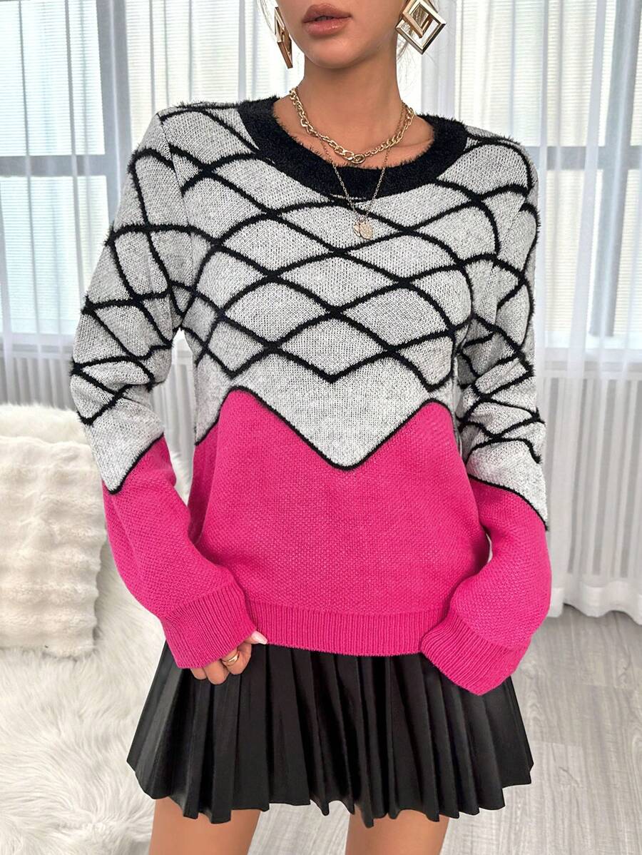 SHEIN Privé Argyle Pattern Colorblock Drop Shoulder Sweater - Multicolor - View 1